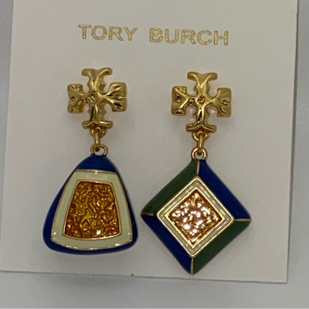 NWT Tory Burch Rosanne Mismatch Drop Earrings, blue/ green and gold tone - Picture 4 of 8